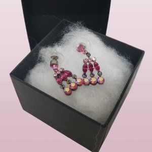 Vintage Givenchy 1" Pink Sparkling Dangle Drop Earrings in Gun Metal